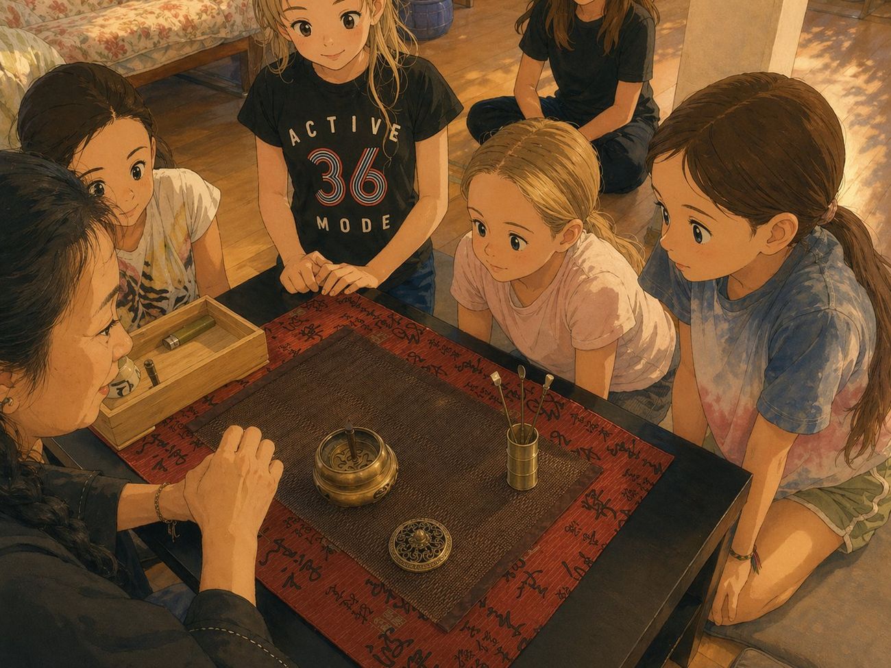 Illustration: Children experiencing a tea ceremony gathered around their teacher