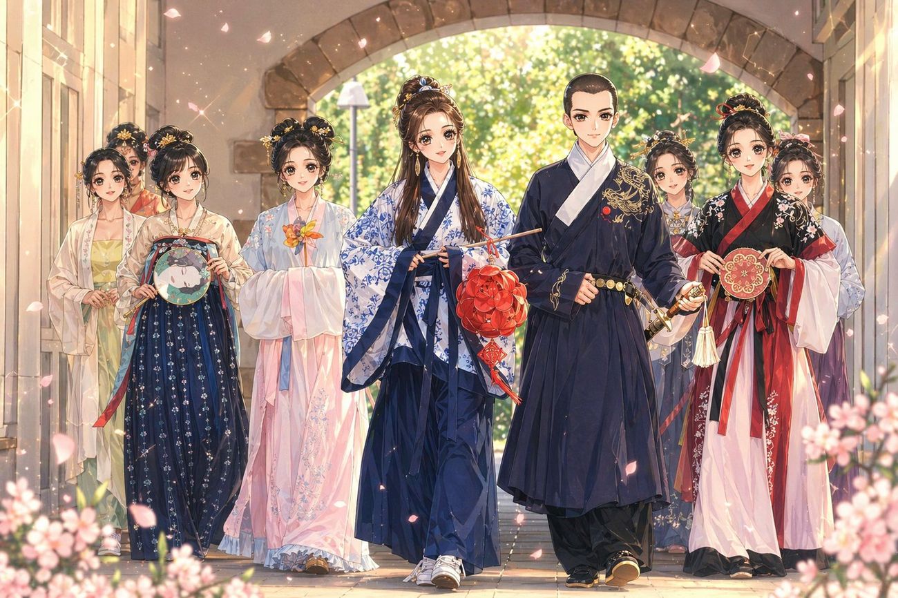 Illustration: Festive procession in traditional dress for the New Year celebration